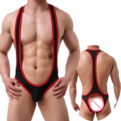 Sexy Mens Undershirts Underwear Mesh Wrestling Singlet Bodysuit Jumpsuits Male Jockstrap Open Butt Briefs Penis Pouch Pajamas