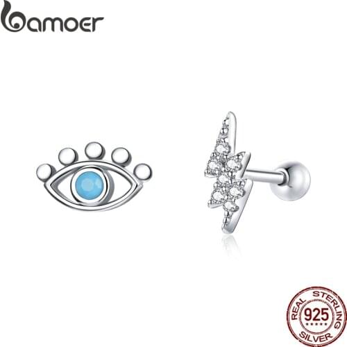Bamoer Silver Eye Lightning Earring 925 Sterling Silver Blue Eye Lucky Stud Earrings Gift For Girl Fine Jewelry SCE1007