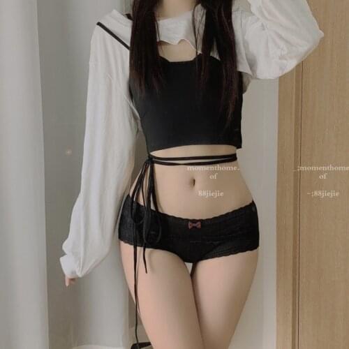 SP&CITY Mid Waist Bow Simple Lace Transparent Underwear For Women Sexy Lingerie Hollow Out Panties Thong Seamless Solid Briefs