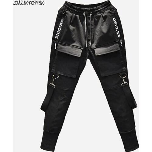 Streetwear Men Black Harem Pants Elastic Waist Punk Pants With Ribbons Street Dance Jogger Pants Hip Hop Trousers Multi Pockets