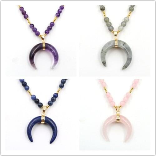 FYJS Unique Light Yellow Gold Color Crescent Moon Labradorite Stone Pendant Round Beads Chain Necklace Lapis Lazuli Jewelry