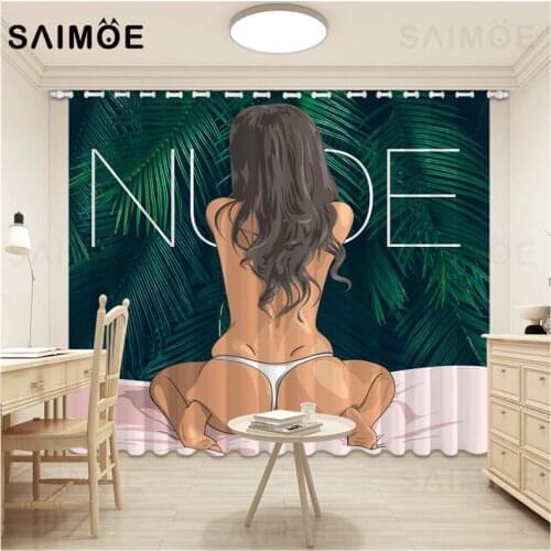 Sexy Girl Curtain White Bikini Woman Curtains For Hall Living Room Green Palm Leaf Curtains Blackout Bedroom Ultra Micro Shading