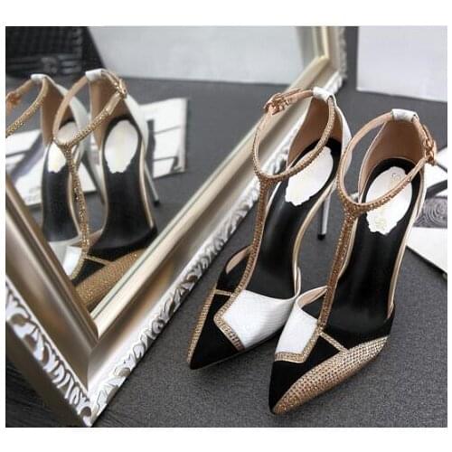 INS hot woman white black T strap high heel party shoes rhinestones white black T strap pointed toe high heel dress shoes woman