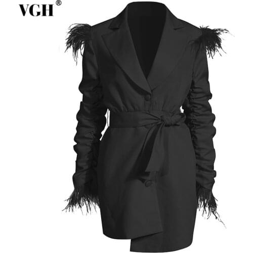 VGH Patchwork Feather Lace up Long Blazer Coat Women Ruched Long Sleeve V Neck Slim Blazer Tops Female Fashion 2021 Autumn New
