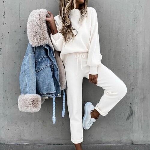 2021 Sprin Autumn Winter Fashion Solid Color Sports Suit Womens Casual Lon Sleeve O-Neck Sweatshirt + Lace-up Pencil Pants Suit