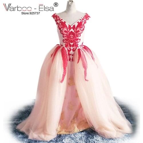 VARBOO_ELSA 2021 Robe De Soiree Yousef Aljasm Applique Evening Dress Orange Tulle V-neck Prom Dress Arab Custom Made Party Gown