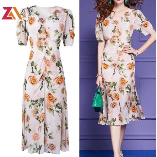 ZALady vintage floral printed midi dresses for women short sleeve office OL retro elegant high waist dress femme robe size plus