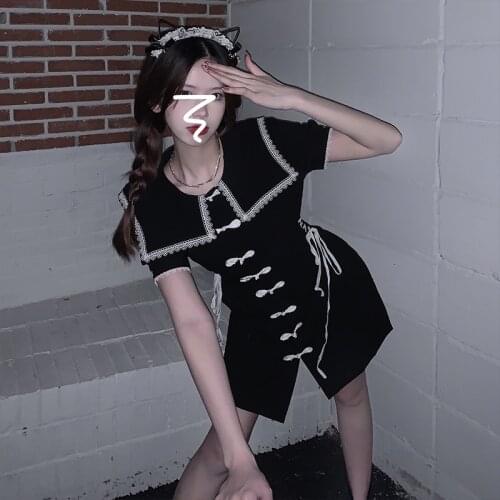 High Waist Women Lady-up Bow Elegant Dresses Short-sleeve Plus Size Casual Streetwear Black Sailor Collar Lady Lolita Mini Dress