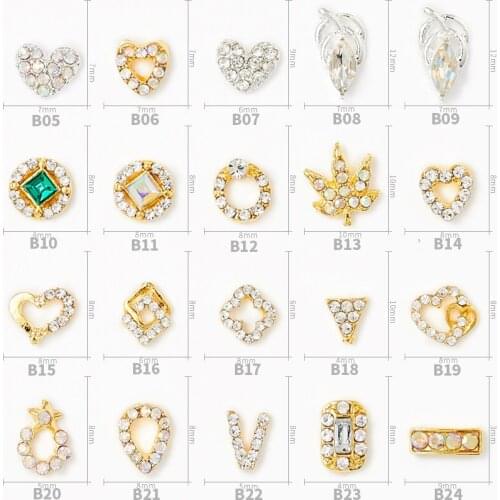 20pcs New Hot Alloy Metal Stick Drill Maple Leaf Love Hollow Series Alloy Rhinestone 3D Fashion Charm DIY Nail Art