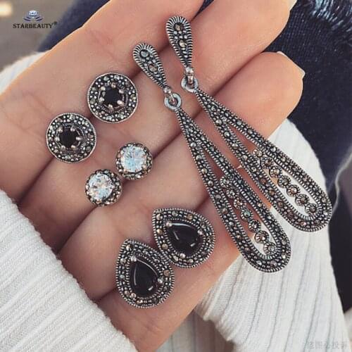 Starbeauty 4 pairs/lot Long Leaf Black Gem Ear Piercing Orelha Helix Piercing Tragus Cartilage Earrings Stud Nose Ring Pircing