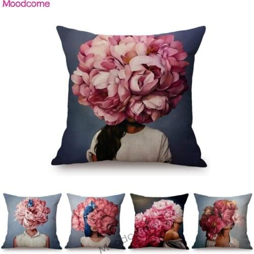 Abstract Fashion Concept Flower Head Girl Floral Art Cotton Linen Sofa Throw Pillow Case Home Decoration Art Chair Cushion Cover