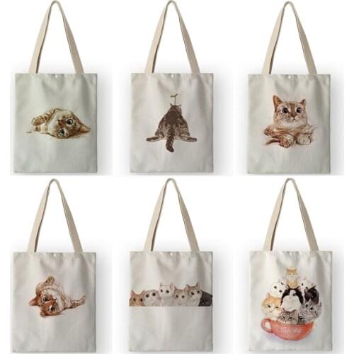 AKB01061 Cute Crowd Cat Print Eco Shopping Bags for Women Lady Cartoon Animal Printing Canvas Handbags Tote Bag