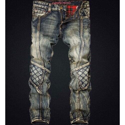 Free Shipping New 2020 mens male Original retro nostalgic jeans American splicing models personality motorcycle hole pants