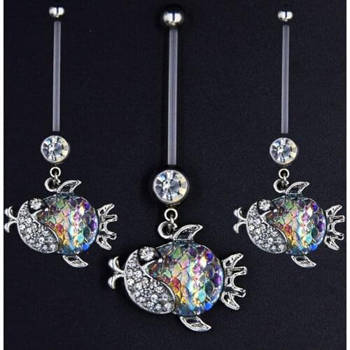 BOG-1PC Bioplast Flexible CZ Gem Belly Navel Ring with Fish Scale Pendant Charming Fish Belly Ring for Women Piercing jewelry