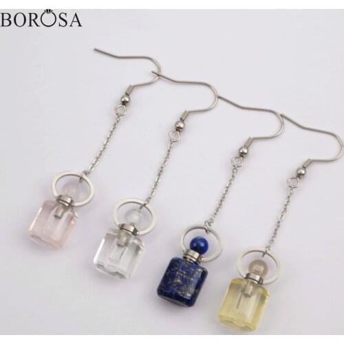 BOROSA 2Pairs Silver Color Rose White Quartz Lapis Lazuli Earrings Perfume Bottle Shape Drop Earring Jewelry for Women WX1191