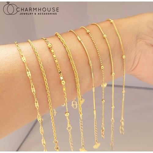 24K Gold GP Charm Bracelets For Women 2mm Link Chain Bracelet Wristband Pulseira Femme Wedding Jewelry Accesories Party Gifts