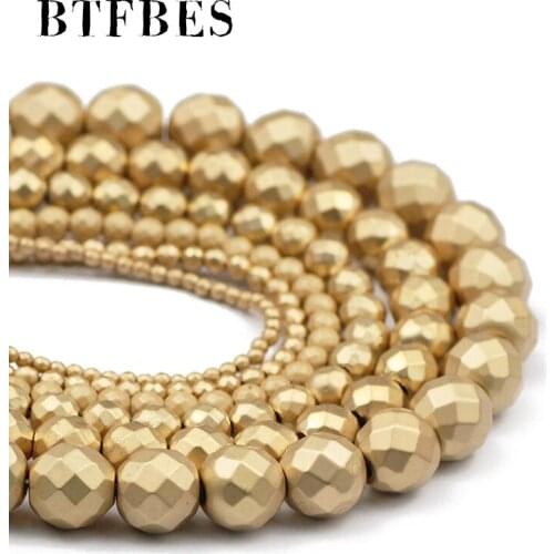 BTFBES Faceted Matte 14 KC Gold Round Hematite Natural Stone 2~10mm Loose Beads For Handmade Bracelet Jewelry Necklace Making