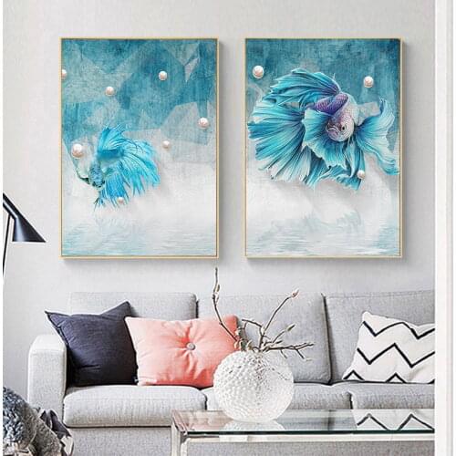 Blue Abstract Guppy Fish Art Canvas Painting Luxury Style Poster Simplicity Print Contemporary Wall Picture Home Decoration