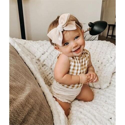 Infant Baby Girl Clothes Three Piece Set Sleeveless Plaid Romper High Waist Ruffled Shorts Headband for Baby