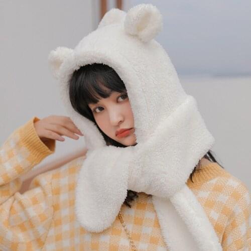 Cute New Fashion Bear Hat and Scarf Integrated Female Spring Winter Thick Warm Ear Protection
