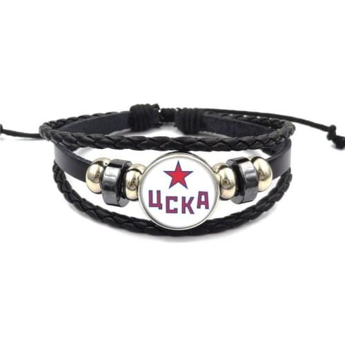 Multi Layers Black Leather Bracelets for Men Women Cska Moscow Khl Russian Hockeyer Snap Button Badge Charms Bracelets