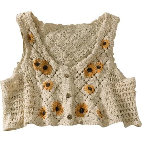 Autumn flower embroidery French retro hollow out perspective top