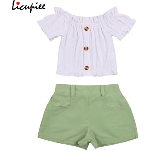 1-6 Years Baby Girl’s Clothing Sets Short Sleeve and Shorts Set Fashion Solid Color Boat Neck Button T-shirt Pocket Short Pants