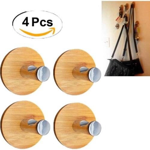 OUNONA 4 Pcs Notchy Adhesive For Clothes Towel Holder For Home Kitchen Hooks Bamboo Wood & Stainless Steel Wall Hangers