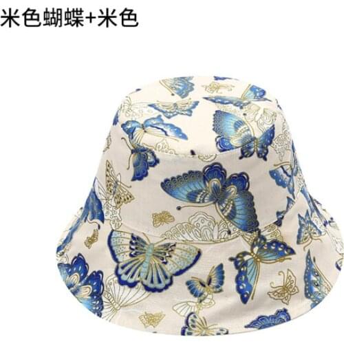 Vintage Summer Foldable Unisex Bucket Fisherman Hat Embroidery Butterfly Print Panama Reversible Short Brim Sunscreen Cap