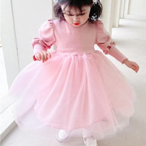 Girl Dress Autumn Pure Color Puff Sleeve Net Yarn Stitching Fluffy Birthday Party Princess Dress Kids Clothes Sweet Wedding Dres