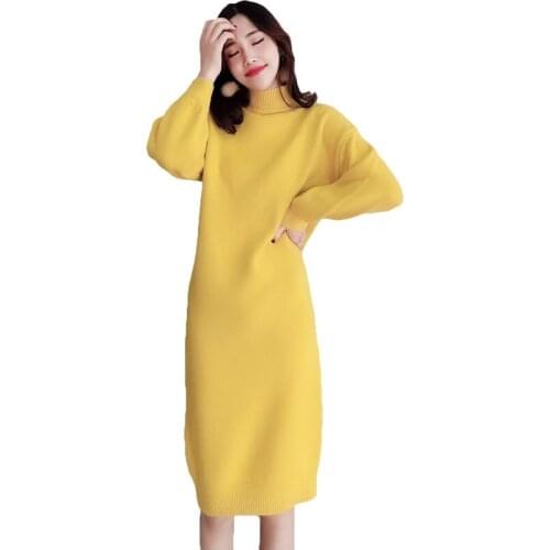 2020 NEW Autumn Winter Turtleneck Pullovers Sweaters Dress Women Long Sleeve Korean Slim Long Sweater Knitted Dress M884