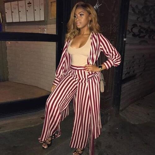 RMSFE 2021 Womens Long Sleeve Stripe Fashion Casual Coat Shirt Popular Long Pants Two Piece Set