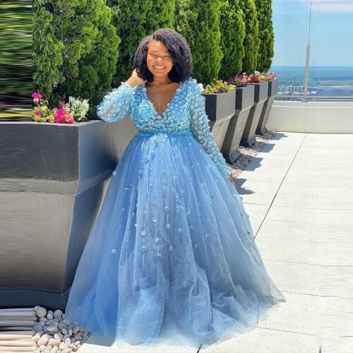 Light Sky Blue Tulle Dresses V Neck Long Sleeves Floral Extra Puffy Ball Gown Tulle Dressing Gowns Flowers