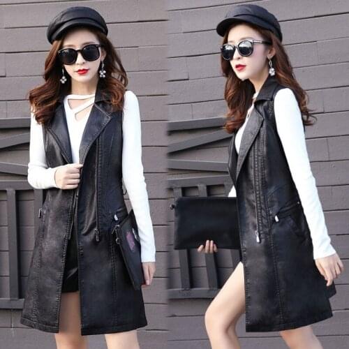 Spring Long Faux Leather Vest Blazer Women PU Sleeveless Jacket Femme Waistcoat Office Suit Vest Women Slim Fit Plus Size