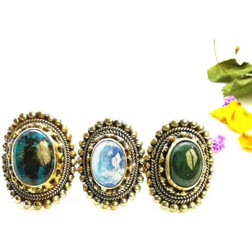 Vintage Semi-gemstone Metal Rings Copper inlaid Natural Agate Moonstone Big Strawhat Ring R229