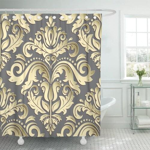 Shower Curtain Gray Gold Oriental Golden Fine Traditional Pattern with 3D Shadows and Highlights Yellow Floral Leaf Waterproof