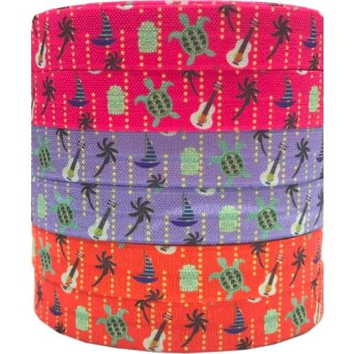 10yard Sea Turtle Guitar Kite Print Fold Over Elastic Transfer Heat Print FOE Ribbon Webbing for Headwear Hair Sewing Accessory