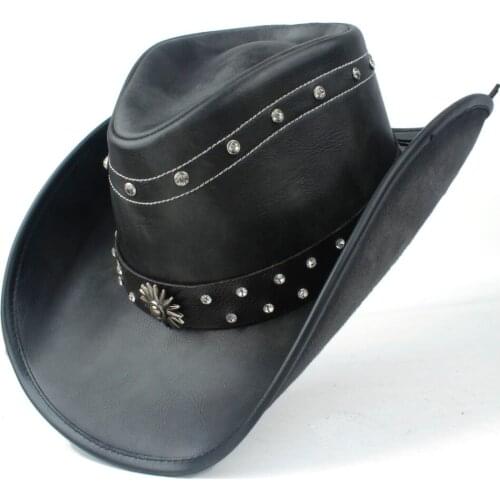 100% Leather Men Women Black Western Cowboy Hat Wide Brim Hat Outdoor Sombrero Hombre Cowgirl Hat