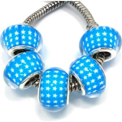 Free Shipping 50pcs 14mm Wholesale Fashion Blue Big Hole Resin Beads Five Stars Design for Eurpean Bracelet jewelry DIY