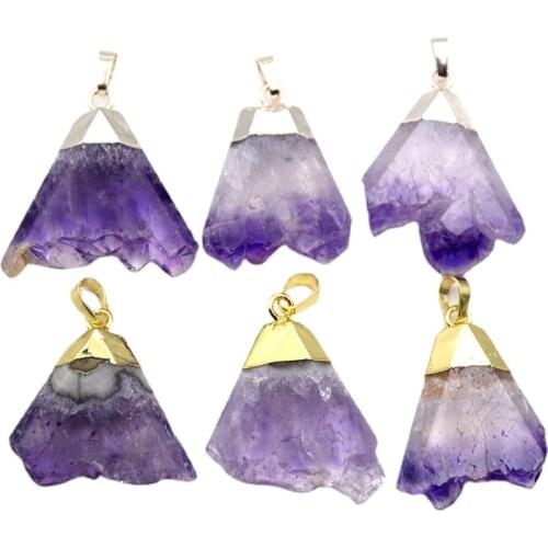 Natural Triangle Amethysts Pendant Purple druzy Crystal Necklace Really Gold silvers color Plated on Top for necklace Jewelry