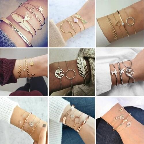 Docona Vintage Layered Crystal Gold Color Leaf Open Bracelets Set For Women Adjustable Geometric Knot Map Jewelry Pulseiras 6116