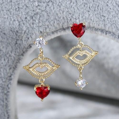 Elegant Red Zircon Lip Shape Drop Earrings for Women Simple Shiny Dangle Earrings Handmade Jewelry Earring Xmas Gift brincos