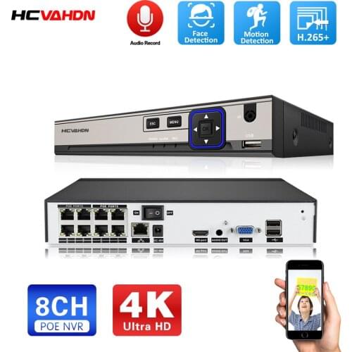 HCVAHDN 8CH 4K POE NVR Face Recognition H.265+ Onvif Network Video Recorder 24/7 Recording IP Camera Onvif P2P System