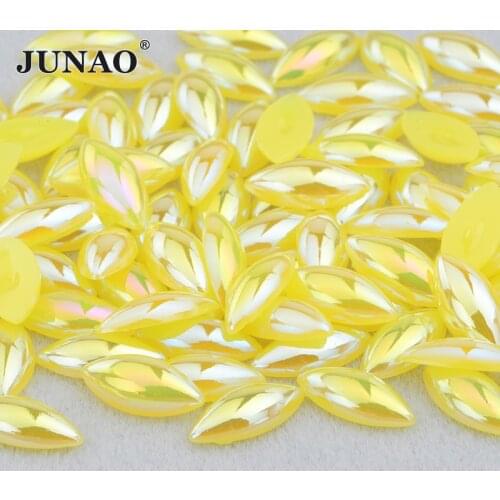 JUNAO 5*10mm 7*15mm Citrine AB Half Pearl Beads Horse Eye Rhinestone Flatback Crystal Stones Imitation Pearl Acrylic Strass