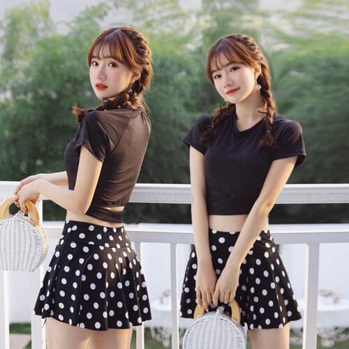 Hot Spring Swimsuit Split Two-Piece Conservative Small Chest Gathered Sports Style Short-Sleeved Hollow Waist Student Korean