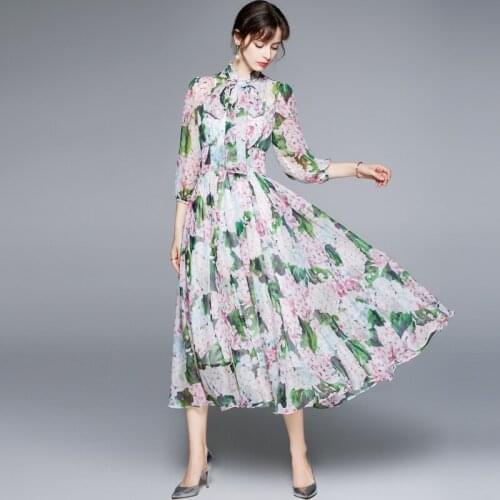 JSXDHK Runway Summer Fashion Chiffon Long Dress Elegant Womens Bow Collar Flower Prin Green Boho Holiday Beach Dress Vestidos
