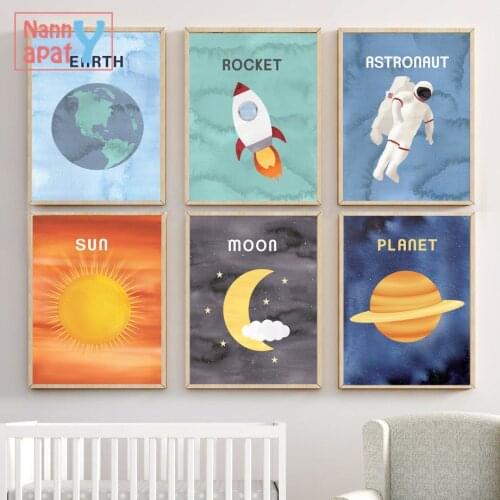 Cartoon Poster Home Decor Earth Sun Moon Rocket Astronaut Wall Art Canvas Painting Baby Room Nursery Decor Posters and Prints