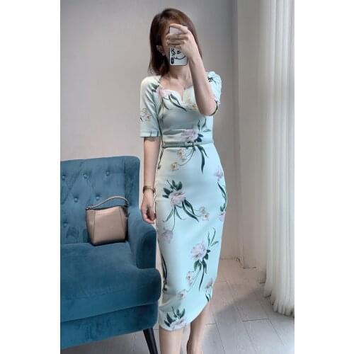 New Spring Square Collar Elegant Slim Fit Bodycon Hourglass Dress Cheongsam Dress Plus Size