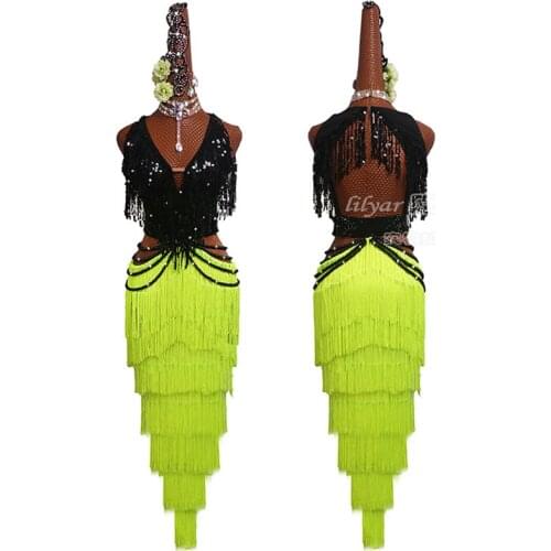 Latin Dance Dress Competition Dress Dance Skirtes Costumes Skirt Performing Dress Fluorescent Green Black Sequined Fringe pearl
