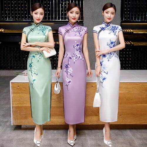 2020 New Summer Purple Floral Print Traditional Chinese Wedding Party Dresses for Women Long Cheongsam Qipao Satin Silk Dresses